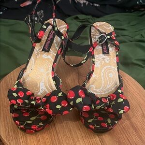 Dollhouse Black Cherry Bow Peep-Toe Wedge Sandals